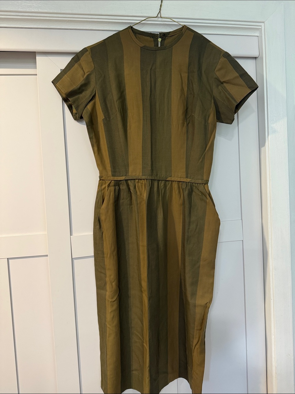 Vintage Olive Stripe Short Sleeve Midi Dress handmade